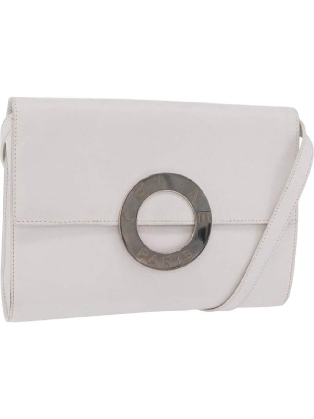 CELINE Circle Shoulder Bag Leather White Silver